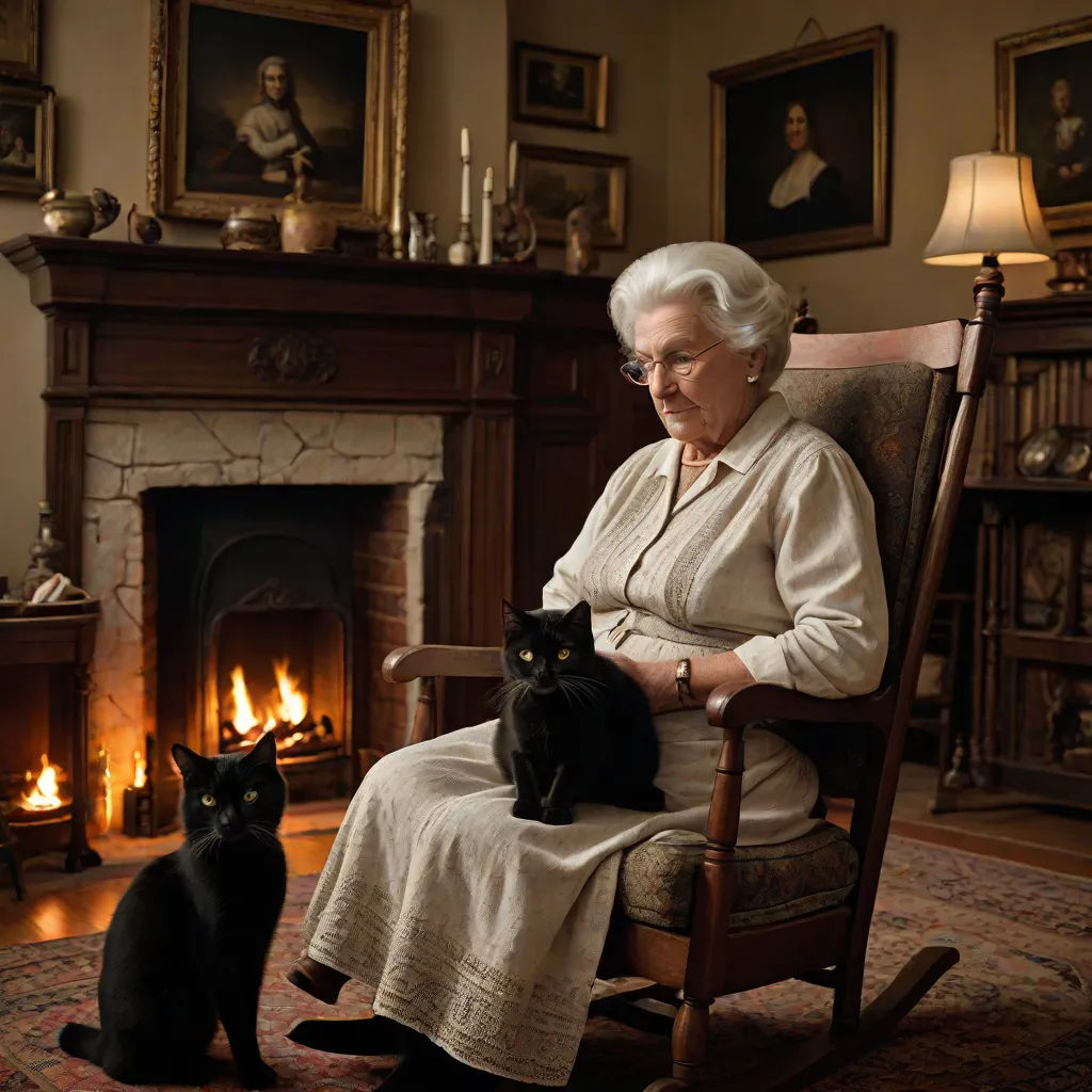 a woman sitting in a rocking chair with two cats in front of her and a fireplace in the background, Annie Leibovitz, arts and crafts movement, a flemish Baroque, award - winning photography