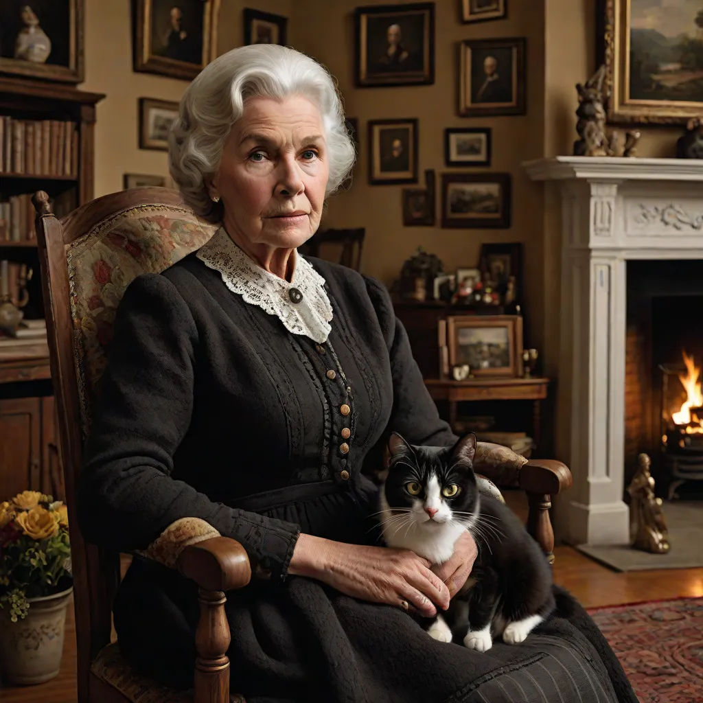 a woman sitting in a chair with a cat in her lap and a fireplace in the background with pictures on the wall, Anne Savage, arts and crafts movement, a character portrait, promotional image