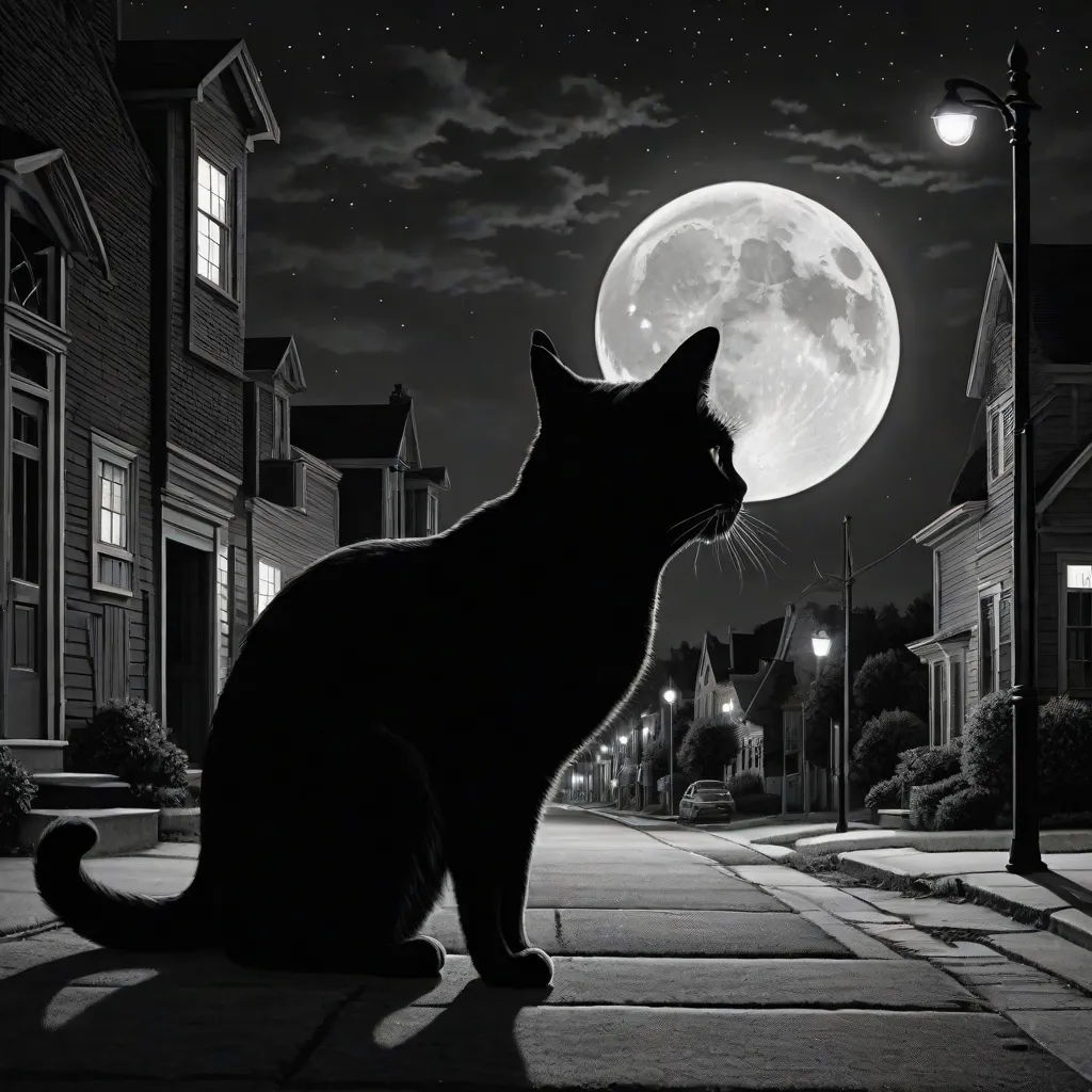 a cat sitting on a sidewalk in front of a full moon at night with a street light in the foreground, Art Spiegelman, gothic art, a black and white photo, dark night