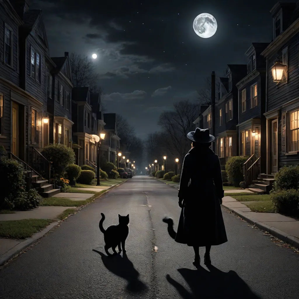 a woman walking down a street with a cat on her back and a full moon in the background with a full moon in the sky, Dirk Crabeth, magical realism, a storybook illustration, promotional image