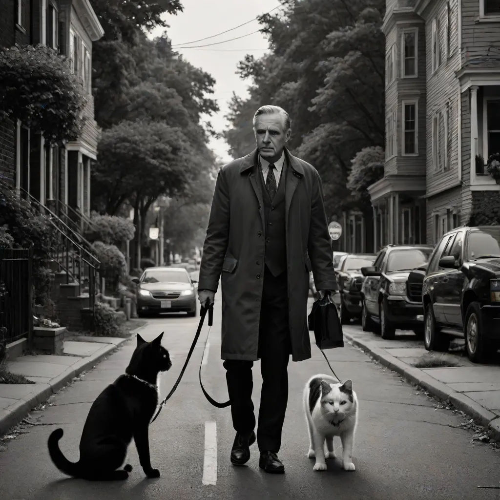 a man walking two dogs down a street with a dog on a leash and a cat on a leash, Anthony S Waters, serial art, poster art, promotional image