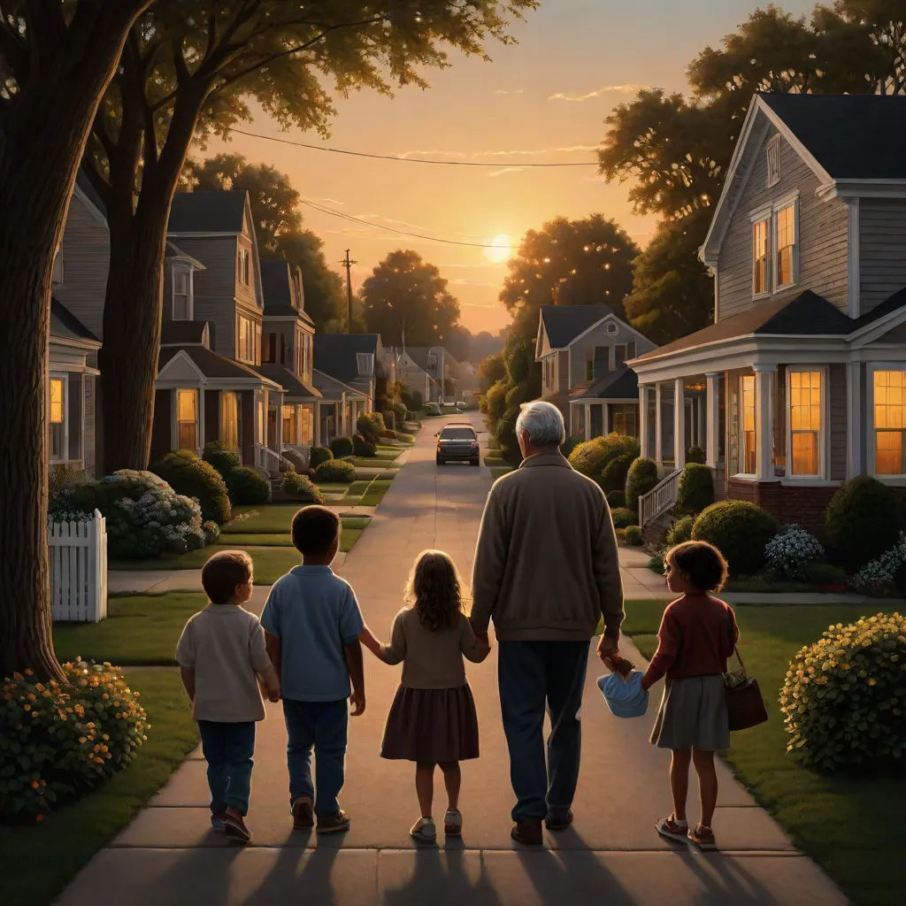 a painting of a family walking down a street at sunset with the sun setting behind them and the houses in the background, Doug Ohlson, american realism, a storybook illustration, kinkade