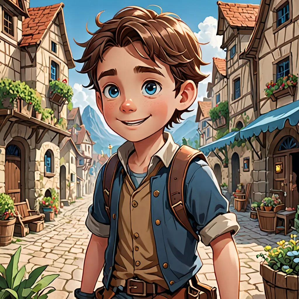 a boy in a village with a backpack and a backpack on his back, standing in front of a street, fantasy art, a character portrait, Cedric Seaut (Keos Masons), rossdraws global illumination