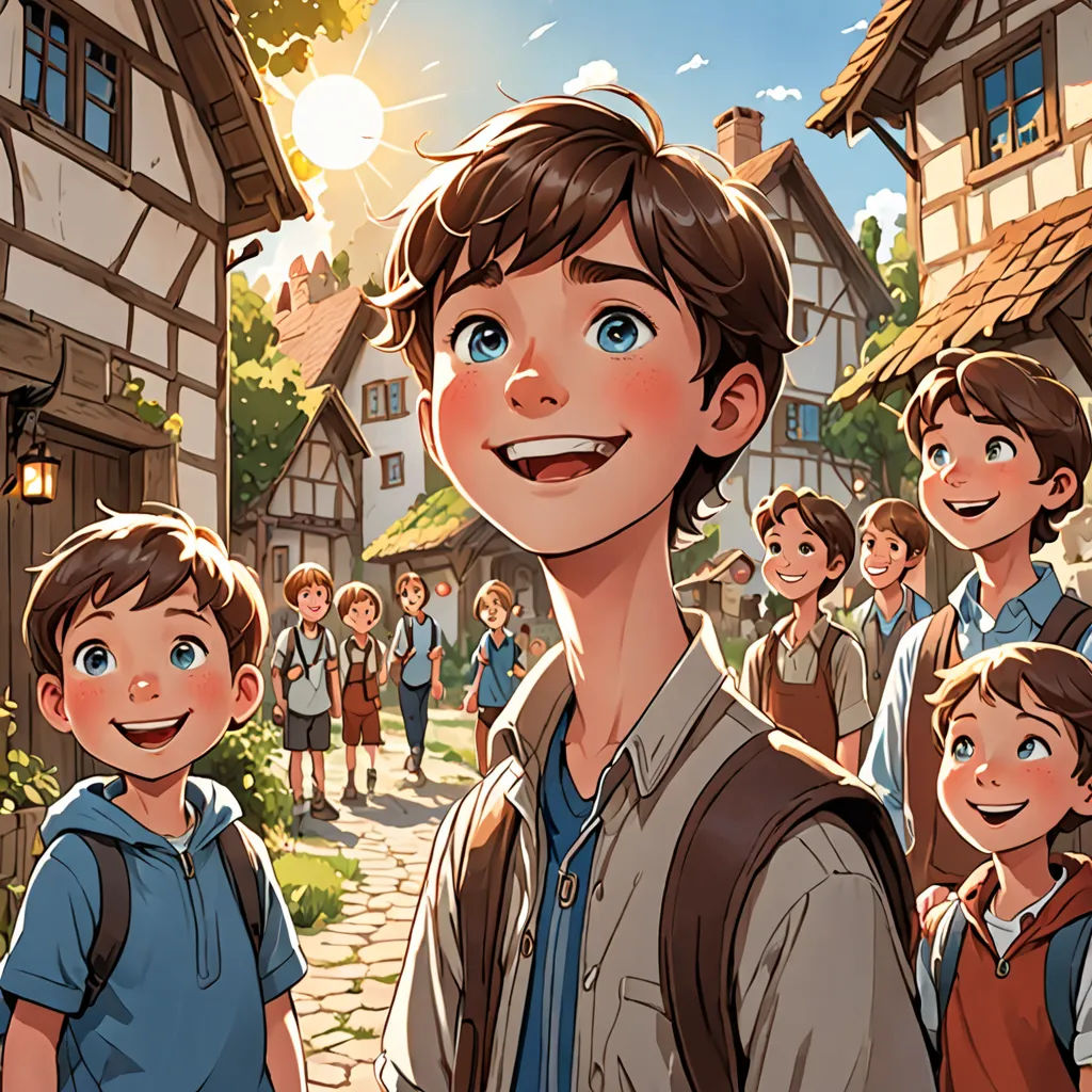 a cartoon of a boy standing in front of a group of people in a village with a sun shining, serial art, a storybook illustration, Brothers Hildebrandt, rossdraws global illumination