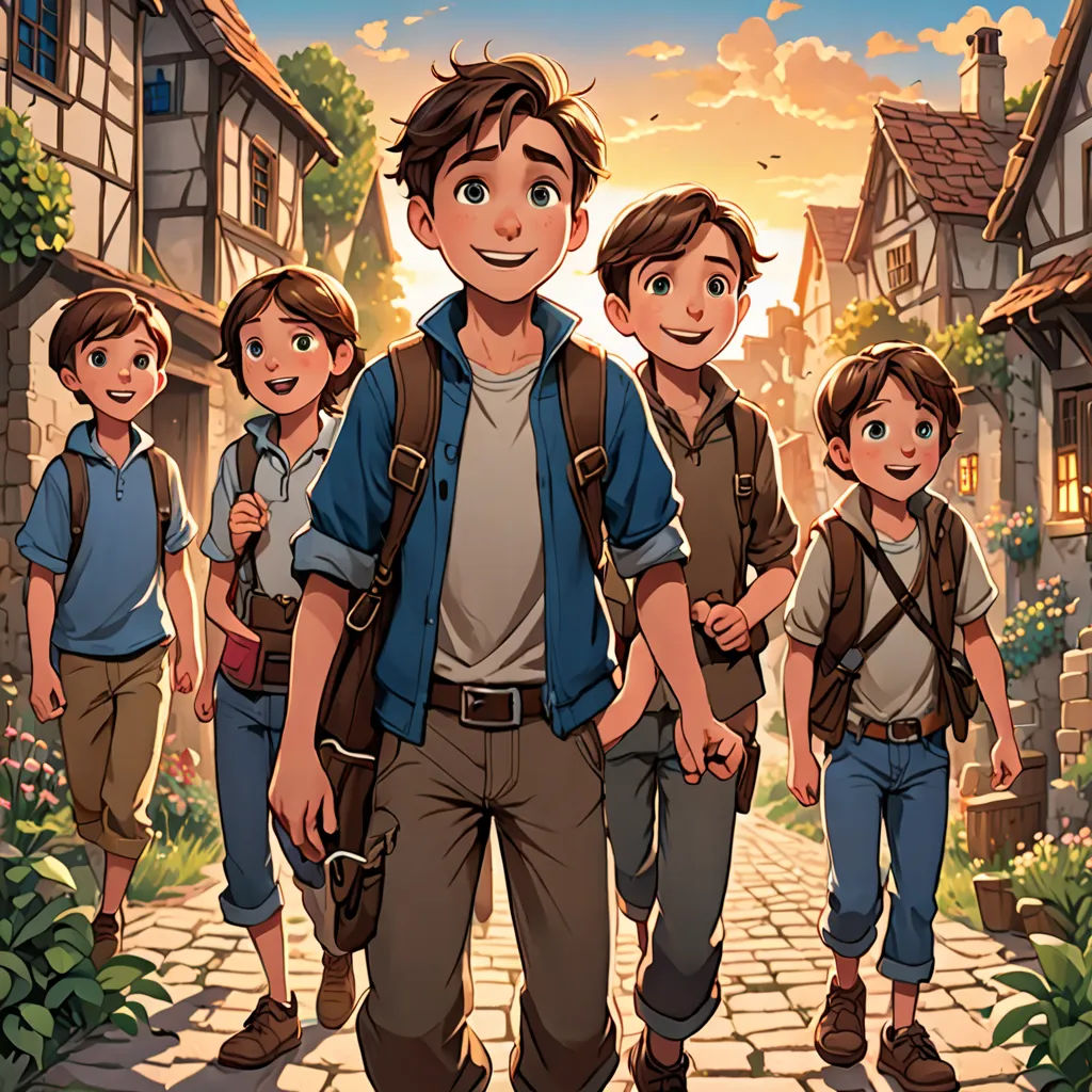 a group of children walking down a cobblestone road in front of a village with a man in a blue shirt, rayonism, a storybook illustration, Brothers Hildebrandt, comic cover art
