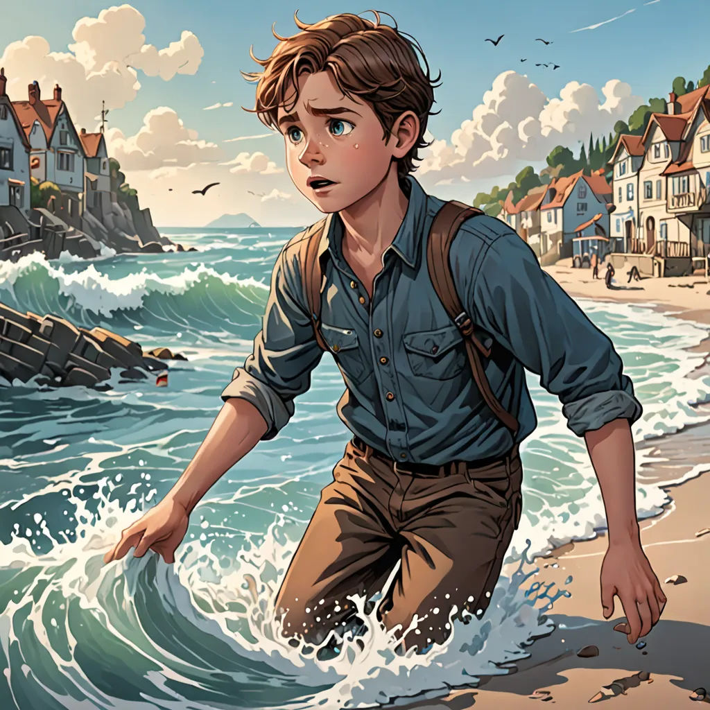 a boy is walking on the beach near the water and houses and a boat in the water, with a bird flying overhead, fantasy art, a storybook illustration, Cliff Childs, comic cover art