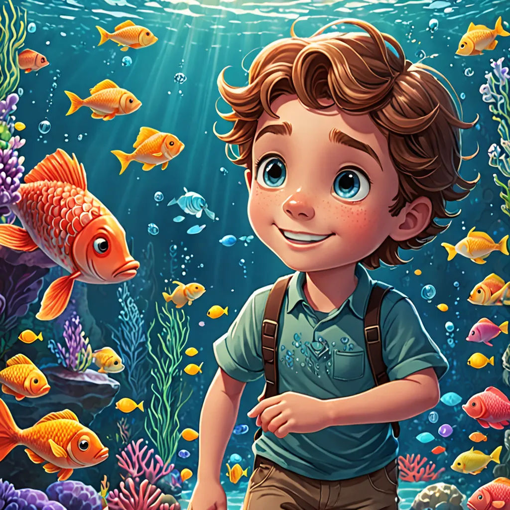 a boy standing in front of a fish tank with a fish in it's mouth and a fish in his hand, pop surrealism, a storybook illustration, Cliff Childs, highly detailed digital painting
