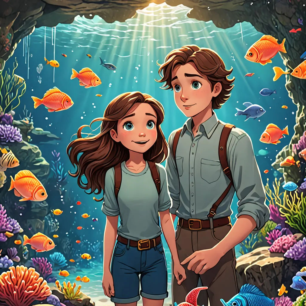 a man and a woman standing in front of a cave with fish and corals on the bottom of it, fantasy art, a storybook illustration, Cliff Childs, rossdraws global illumination