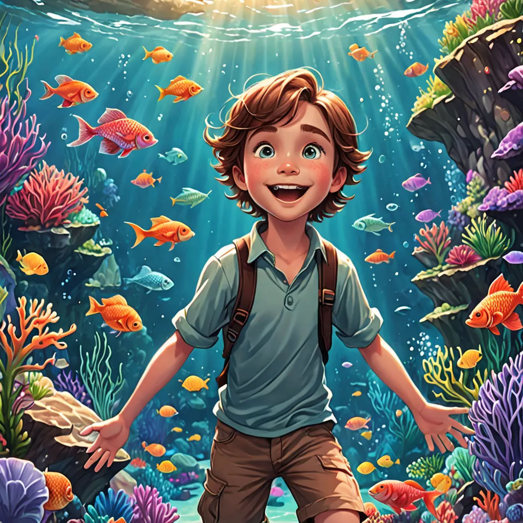 a boy is standing in front of a sea of fish and corals with a backpack on his back, fantasy art, a storybook illustration, Cliff Childs, rossdraws global illumination