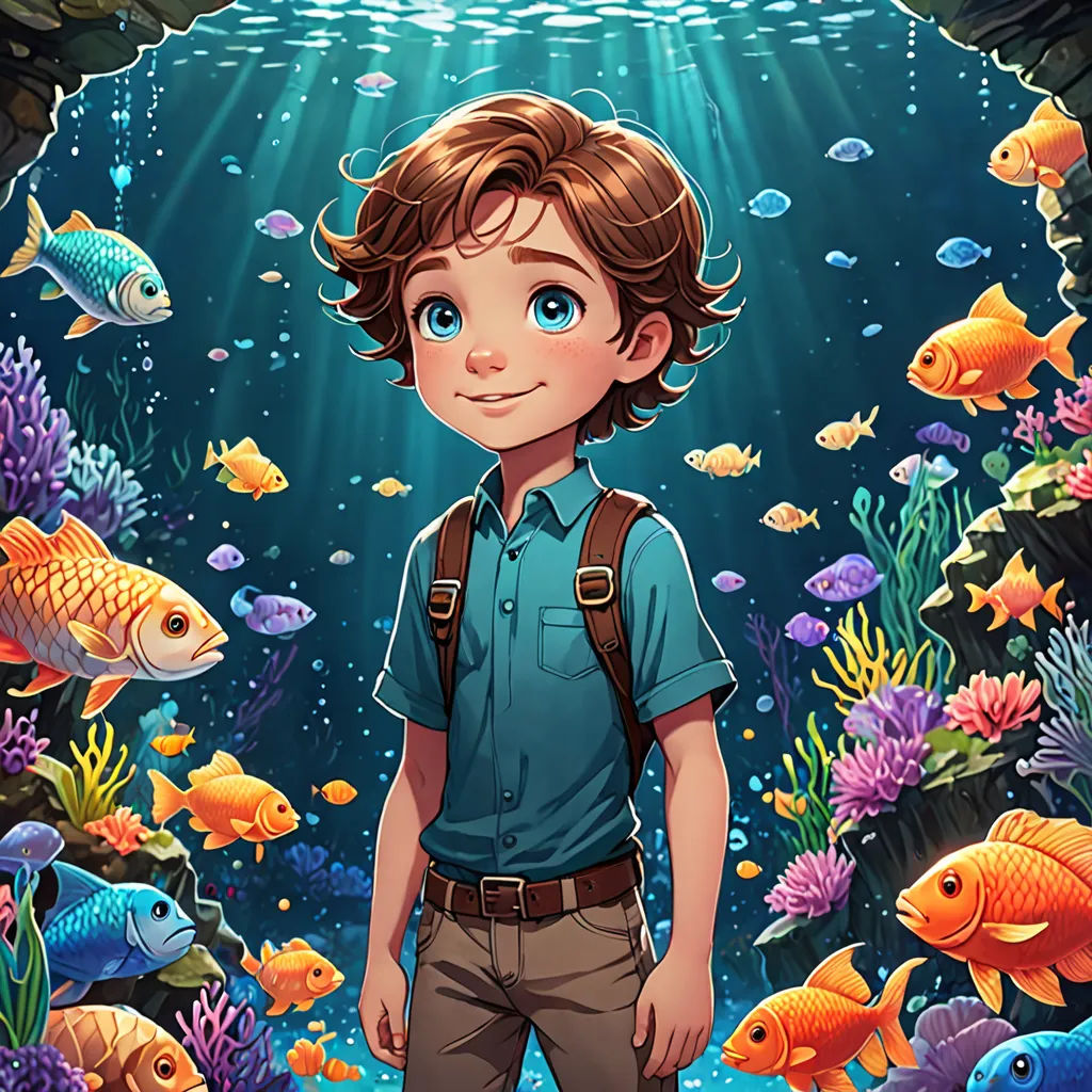 a boy standing in front of a fish cave with a fish in it's mouth and a fish in his hand, fantasy art, a storybook illustration, Cliff Childs, kinkade