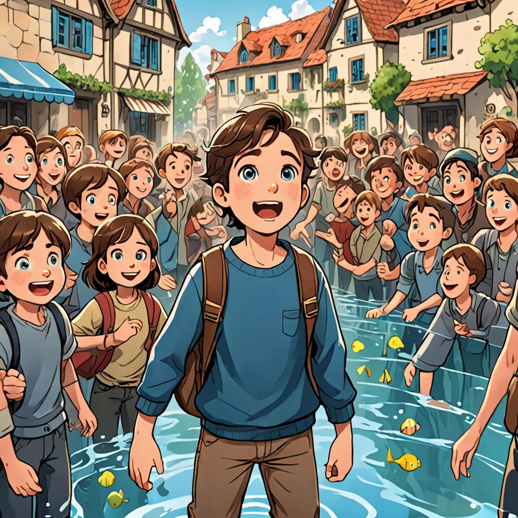 a man standing in front of a crowd of people in a river with a building in the background and a crowd of people in the background, magical realism, a storybook illustration, Asaf Hanuka, official art