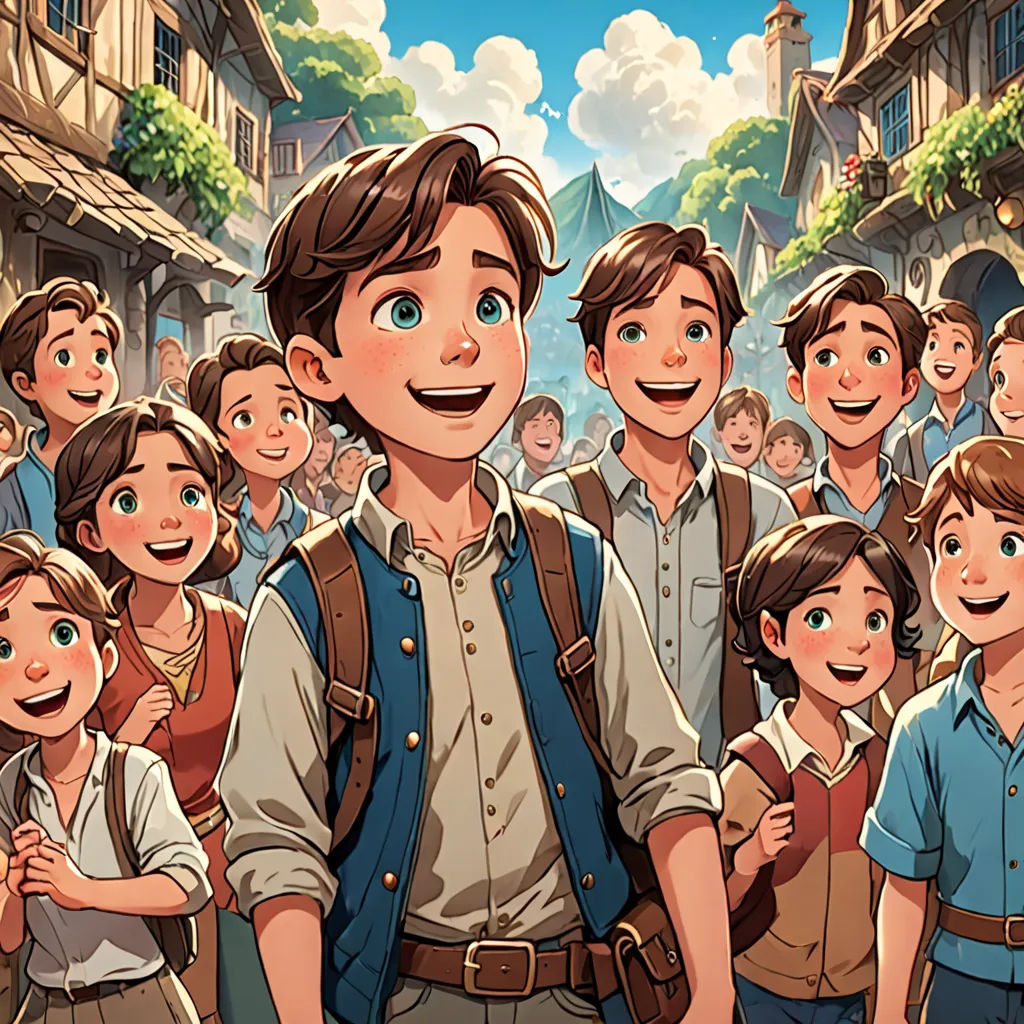 a man standing in front of a crowd of people in a town with a boy in a blue shirt, fantasy art, a storybook illustration, disney, rossdraws global illumination