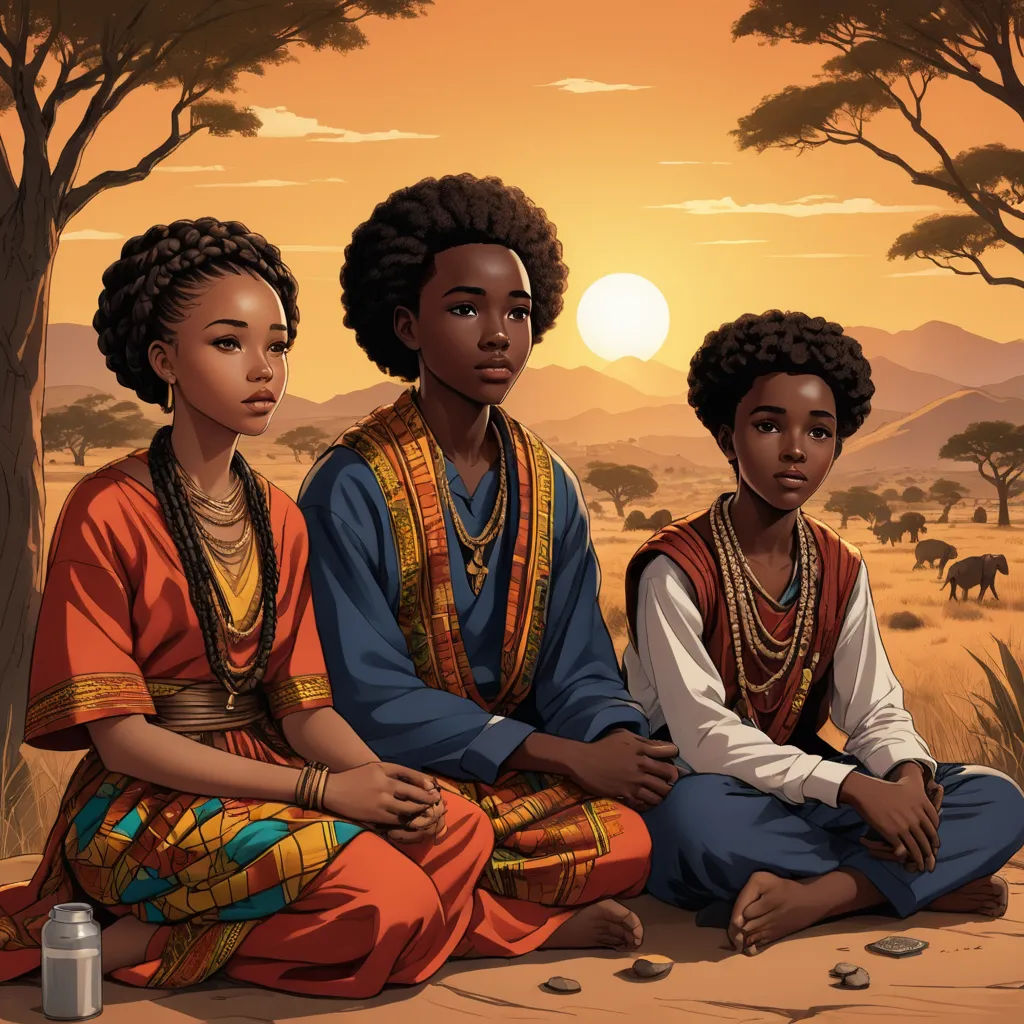 three black women sitting on a desert floor in front of a sunset and trees with elephants in the background, afrofuturism, a storybook illustration, Chinwe Chukwuogo-Roy, highly detailed digital painting