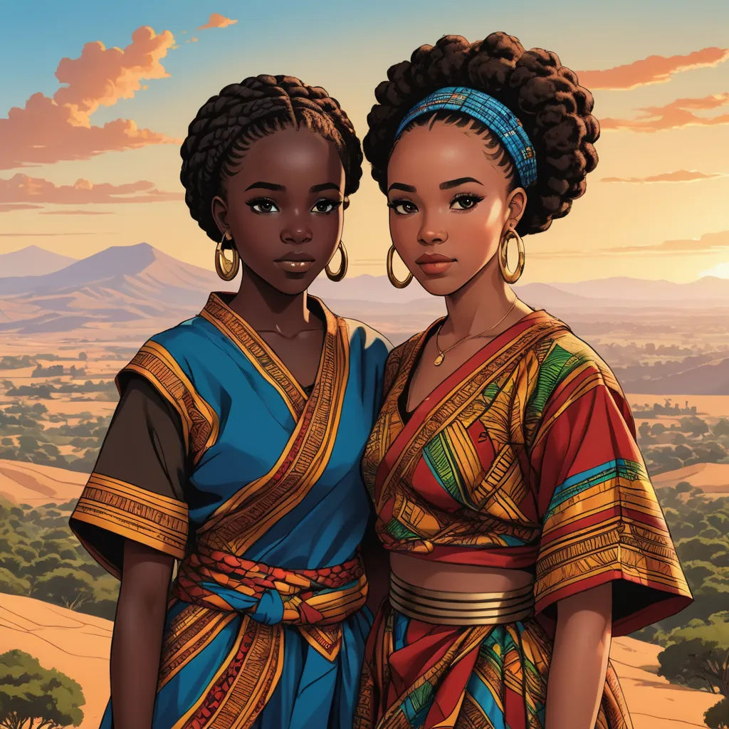 two women in african dress standing next to each other in front of a sunset sky and mountains with trees, afrofuturism, a comic book panel, Chinwe Chukwuogo-Roy, comic cover art
