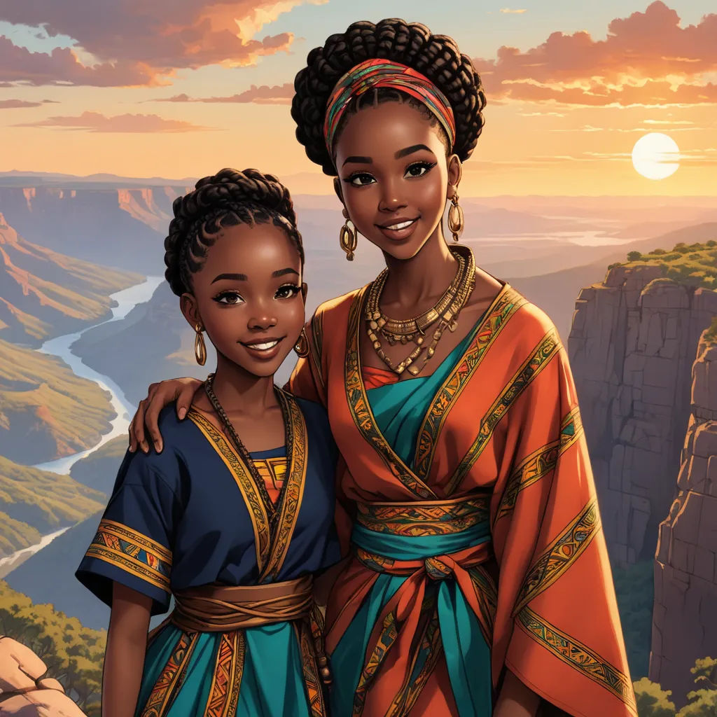 a painting of two women standing next to each other in front of a mountain range with a sunset in the background, afrofuturism, concept art, Chinwe Chukwuogo-Roy, official art