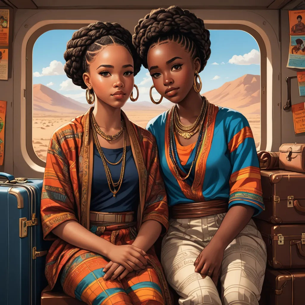 two women sitting on a train looking out the window with luggage behind them and a desert landscape behind them, afrofuturism, a painting, Ernie Barnes, trending on art station