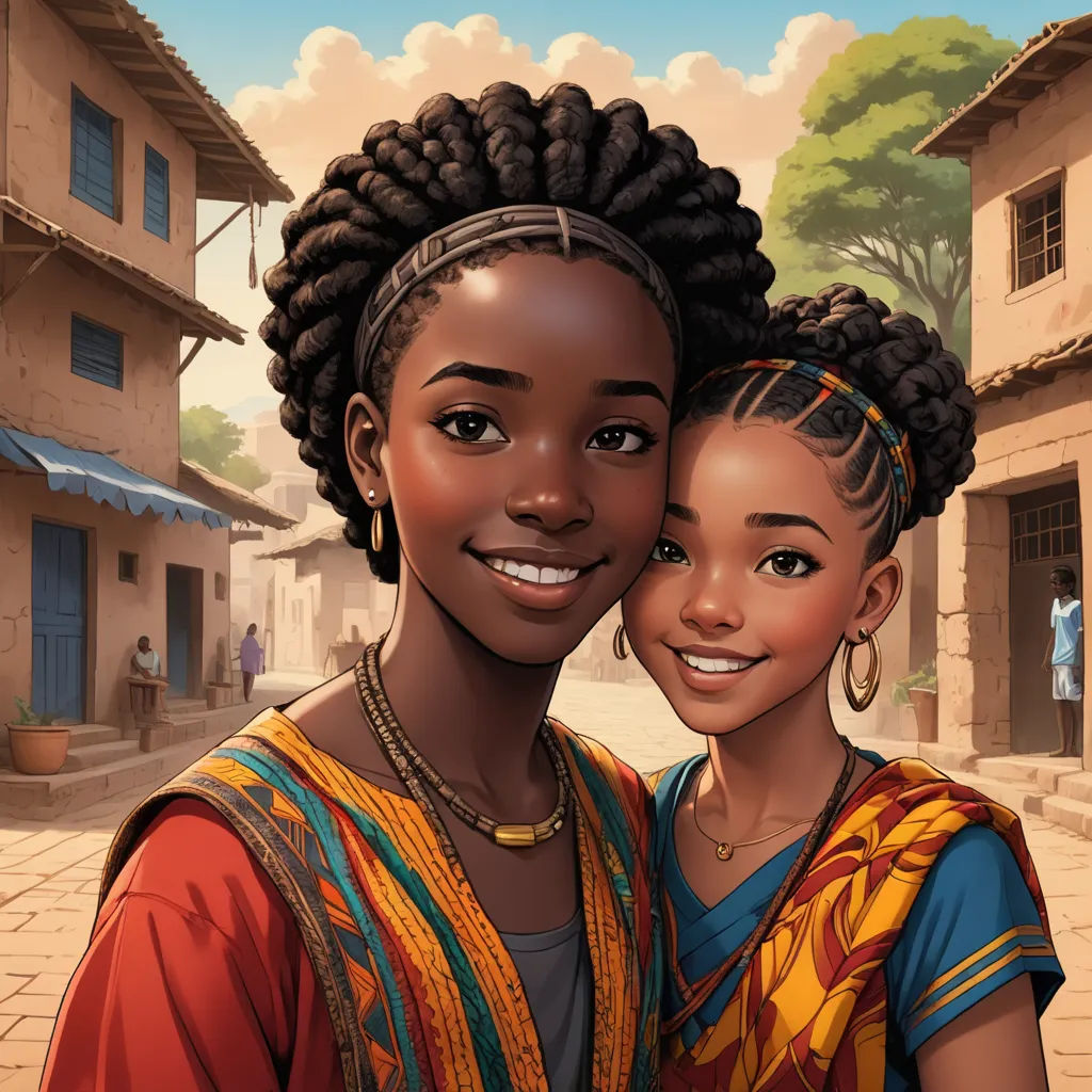 a digital painting of two women in a street with a building in the background and a sky background with clouds, afrofuturism, a storybook illustration, Chinwe Chukwuogo-Roy, comic cover art