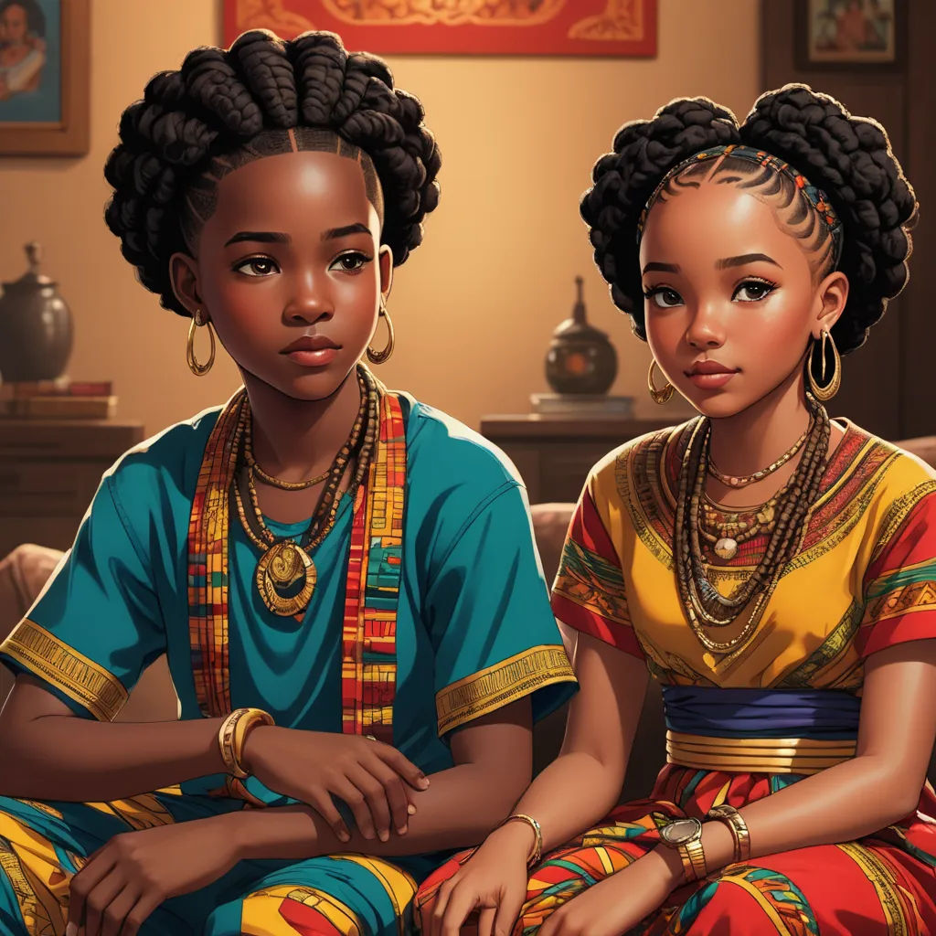 two black women sitting on a couch in a room with a painting on the wall behind them and a painting of a woman with a necklace on her neck, harlem renaissance, a detailed painting, Chinwe Chukwuogo-Roy, highly detailed digital painting
