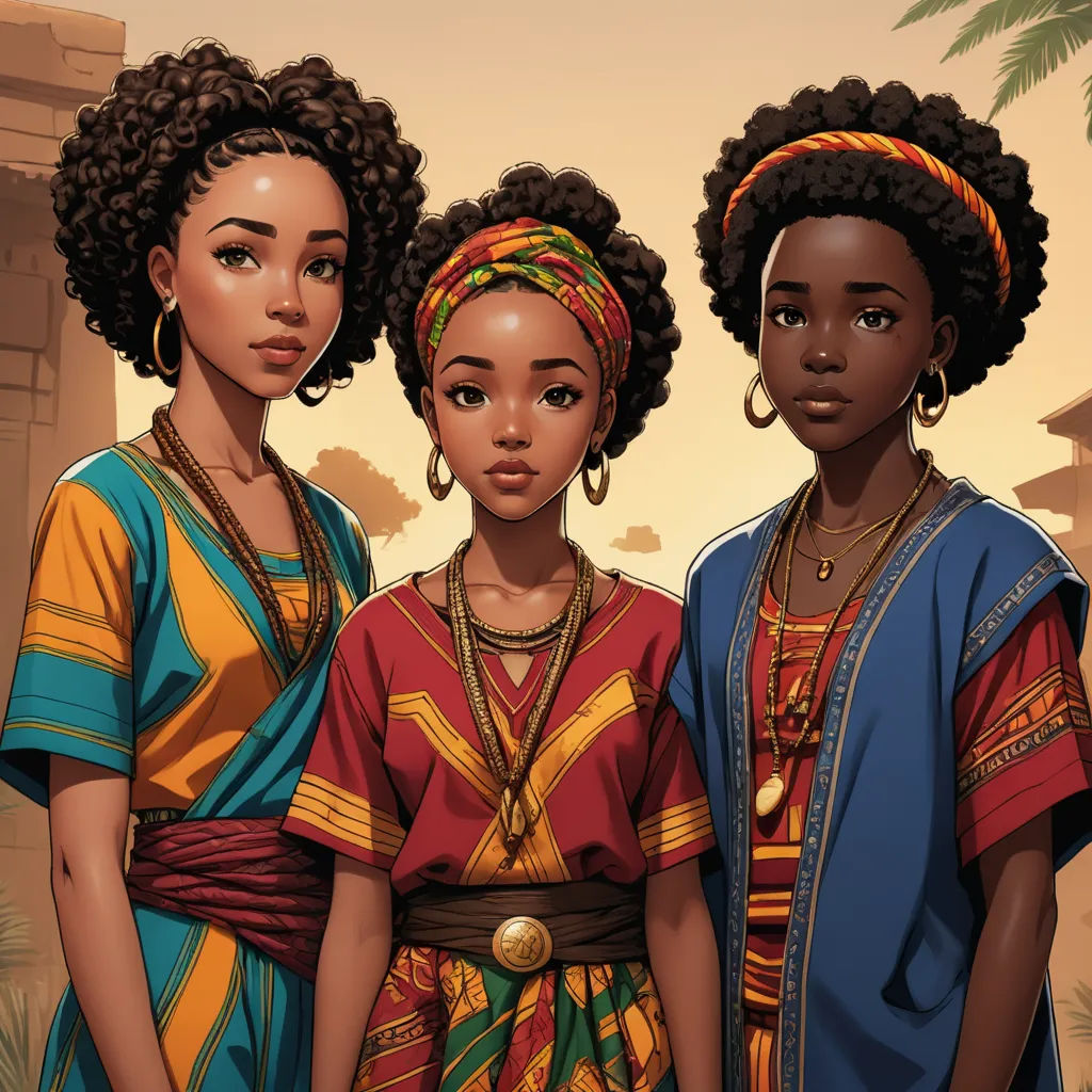 three african women standing next to each other in front of a sunset background with palm trees and a building, afrofuturism, concept art, Chinwe Chukwuogo-Roy, highly detailed digital painting