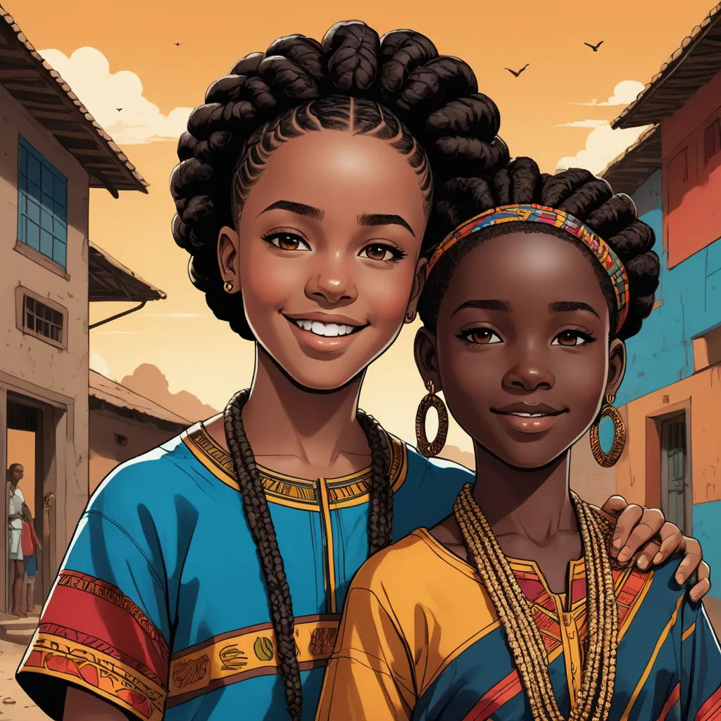 two black women standing next to each other in front of a building with a sky background and a bird flying overhead, afrofuturism, a comic book panel, Chinwe Chukwuogo-Roy, comic cover art