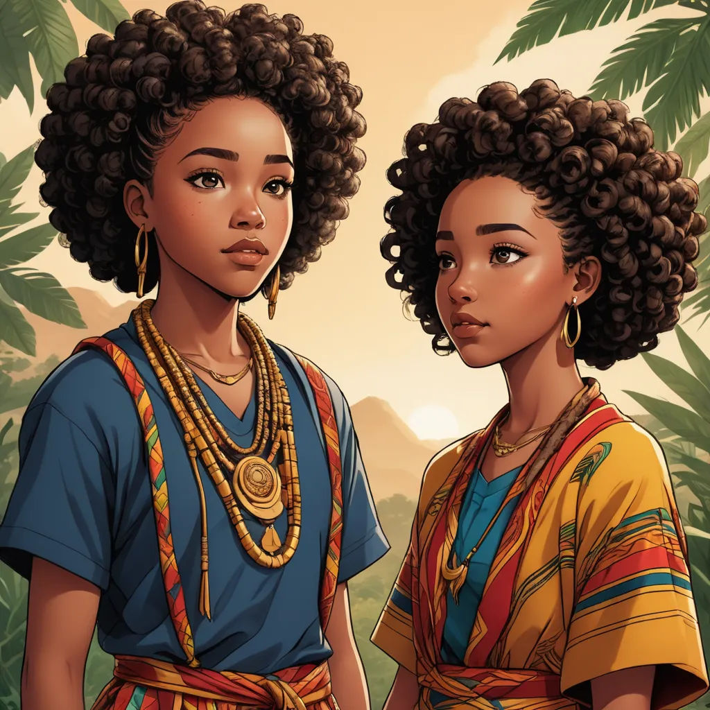 two women in african clothing standing next to each other in front of a jungle background with palm trees and a mountain, afrofuturism, concept art, Chinwe Chukwuogo-Roy, cushart krenz