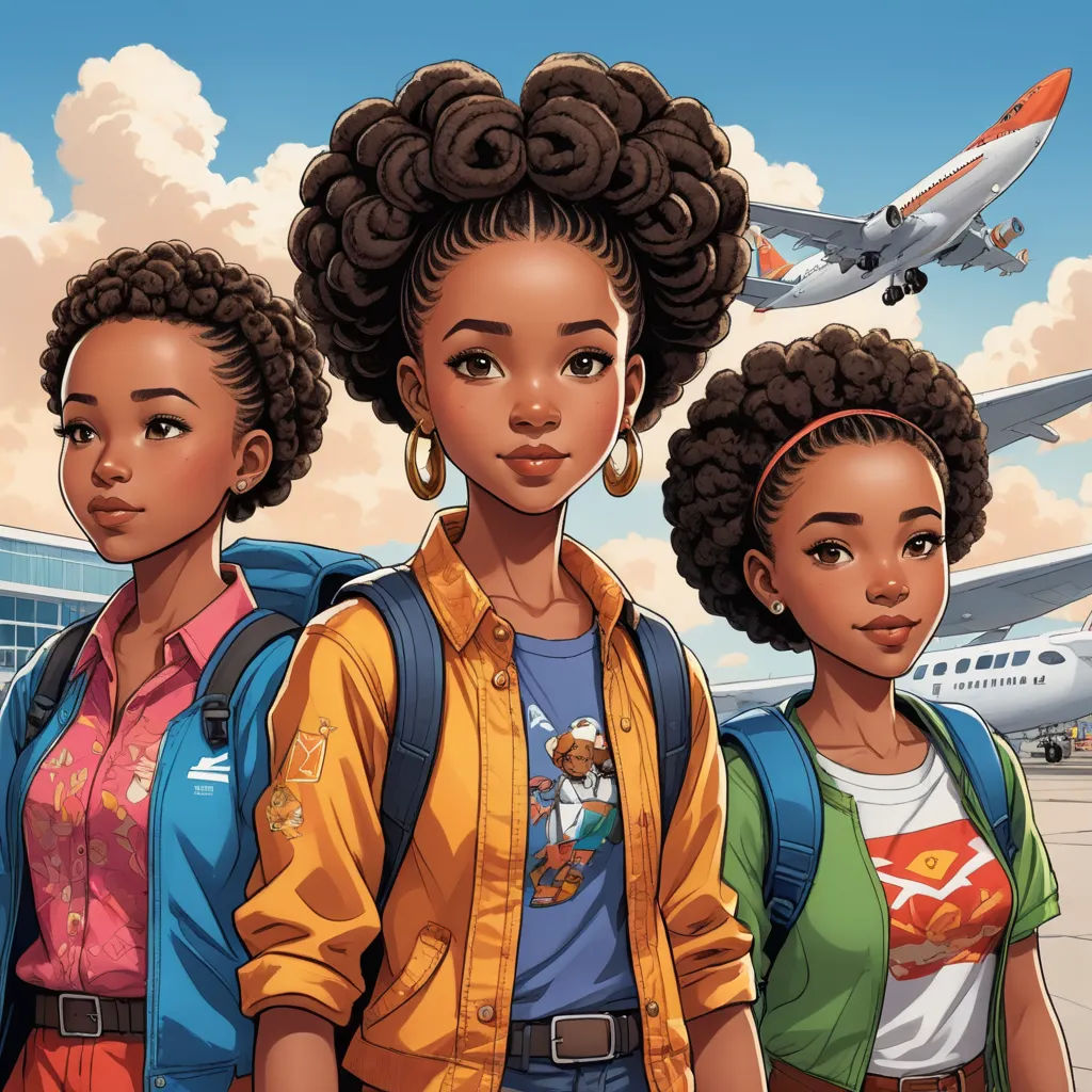 a group of young women standing next to each other in front of an airplane on a runway with a jetliner in the background, afrofuturism, concept art, Chinwe Chukwuogo-Roy, brown skin