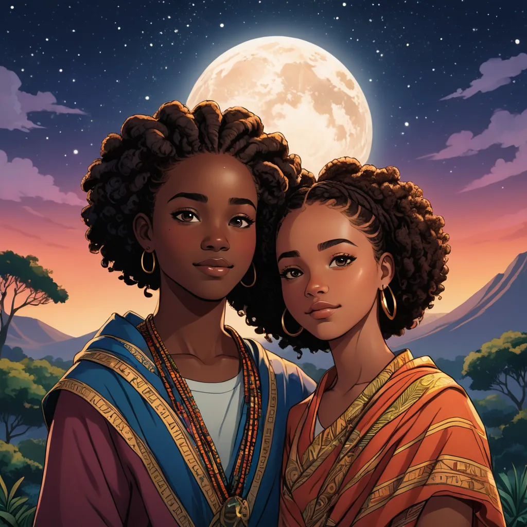 two women standing next to each other under a full moon sky with trees and mountains in the background, with a full moon in the sky, afrofuturism, poster art, Chinwe Chukwuogo-Roy, comic cover art