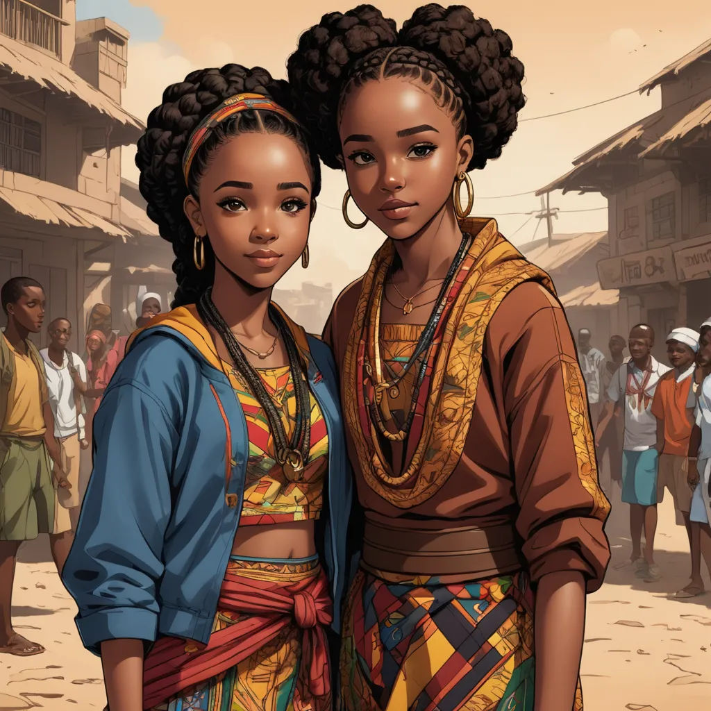 two women standing next to each other in a street with people in the background and a building in the background, afrofuturism, concept art, Chinwe Chukwuogo-Roy, highly detailed digital painting