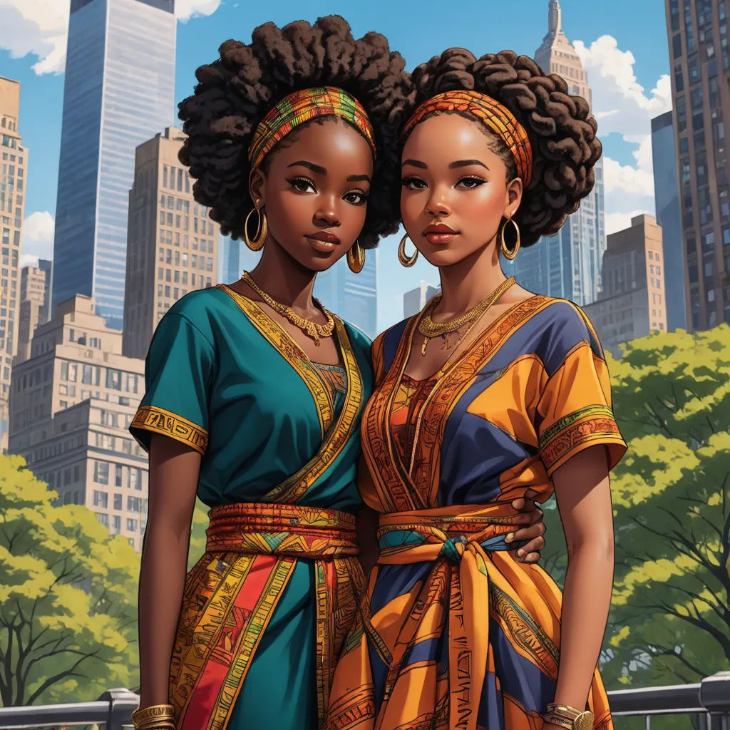 two women in african dress standing next to each other in front of a cityscape with skyscrapers, harlem renaissance, a painting, Ernie Barnes, highly detailed digital painting