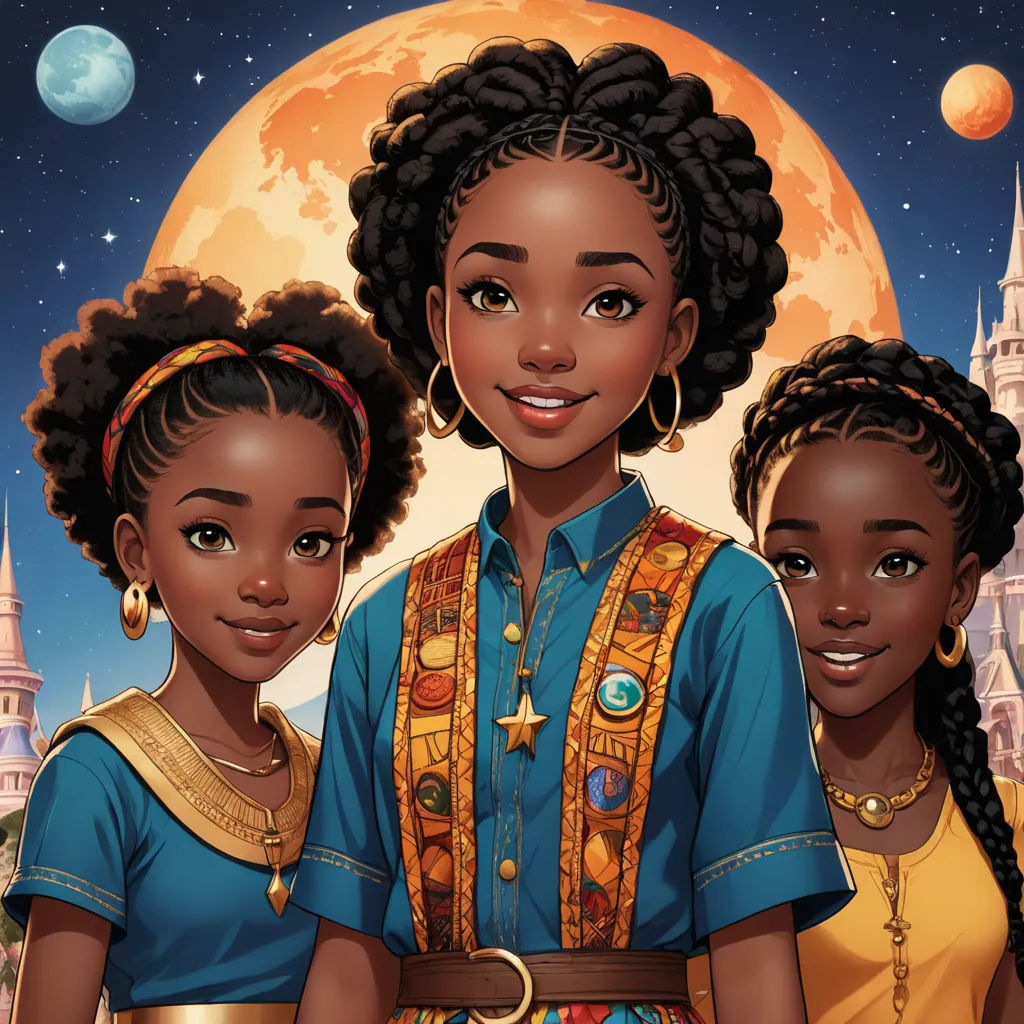 a cartoon of two girls standing next to each other in front of a castle with a full moon in the background, afrofuturism, a comic book panel, Chinwe Chukwuogo-Roy, comic cover art