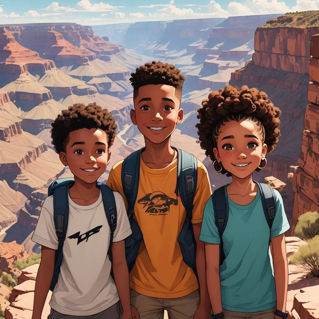 three children standing in front of a canyon with a view of the canyon below them and a mountain in the background, afrofuturism, concept art, Chris LaBrooy, cushart krenz