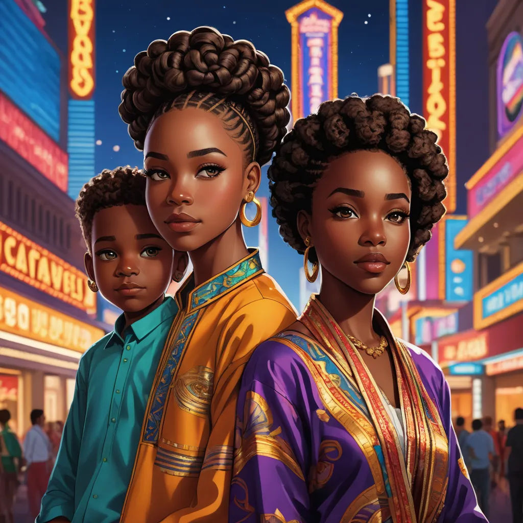 a couple of women standing next to each other in front of a city at night with neon lights on, afrofuturism, concept art, Ernie Barnes, comic cover art