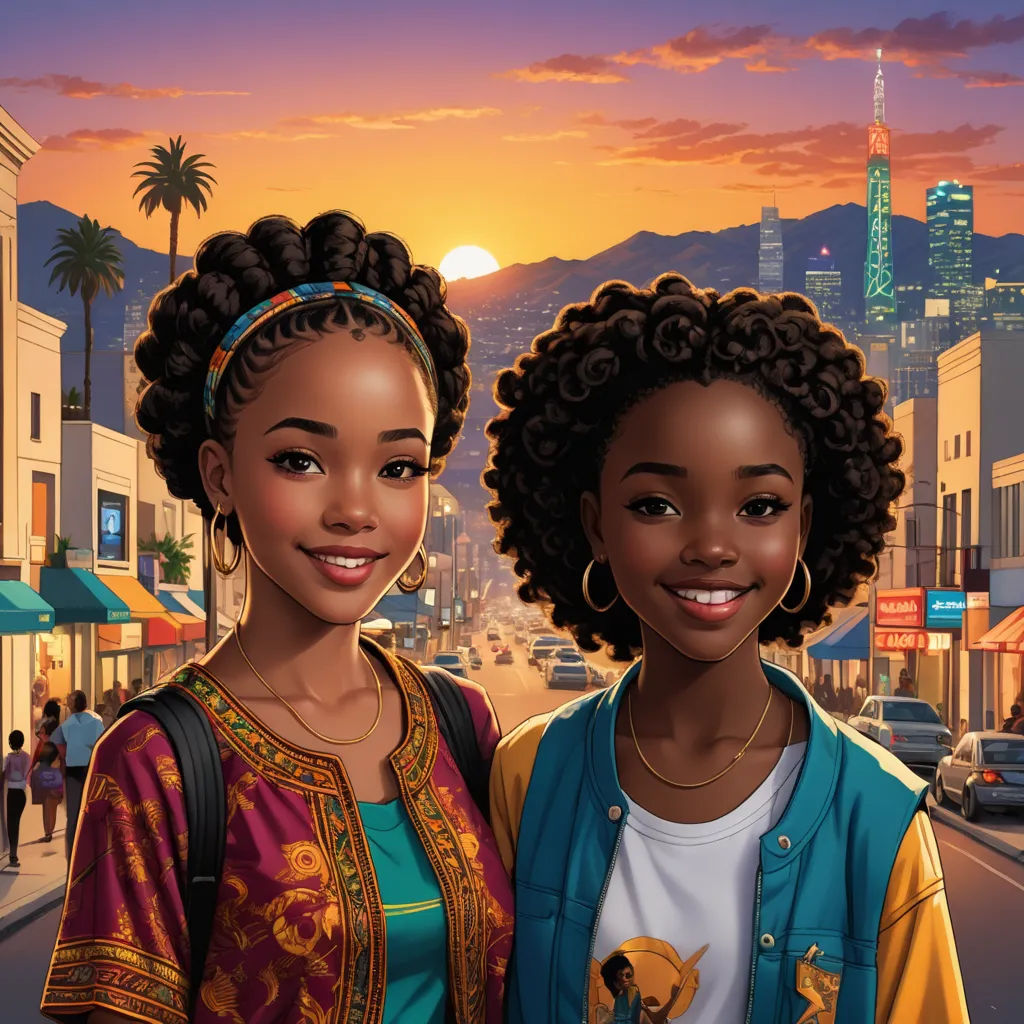 two black women standing next to each other on a street at sunset with a city in the background and a palm tree, afrofuturism, a comic book panel, Chinwe Chukwuogo-Roy, comic cover art