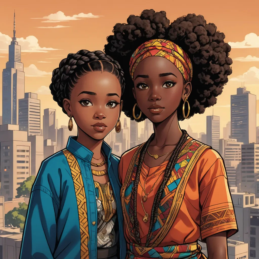 two black women standing next to each other in front of a cityscape with skyscrapers in the background, afrofuturism, a comic book panel, Chinwe Chukwuogo-Roy, comic cover art
