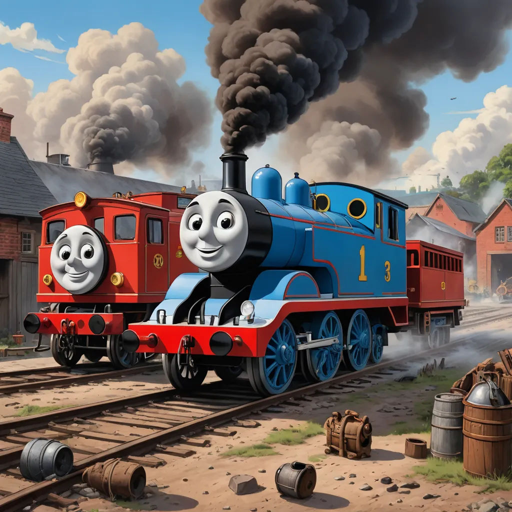 a painting of a thomas the train engine and thomas the tank engine on the tracks with smoke billowing out of it, sots art, concept art, Donald Roller Wilson, official art