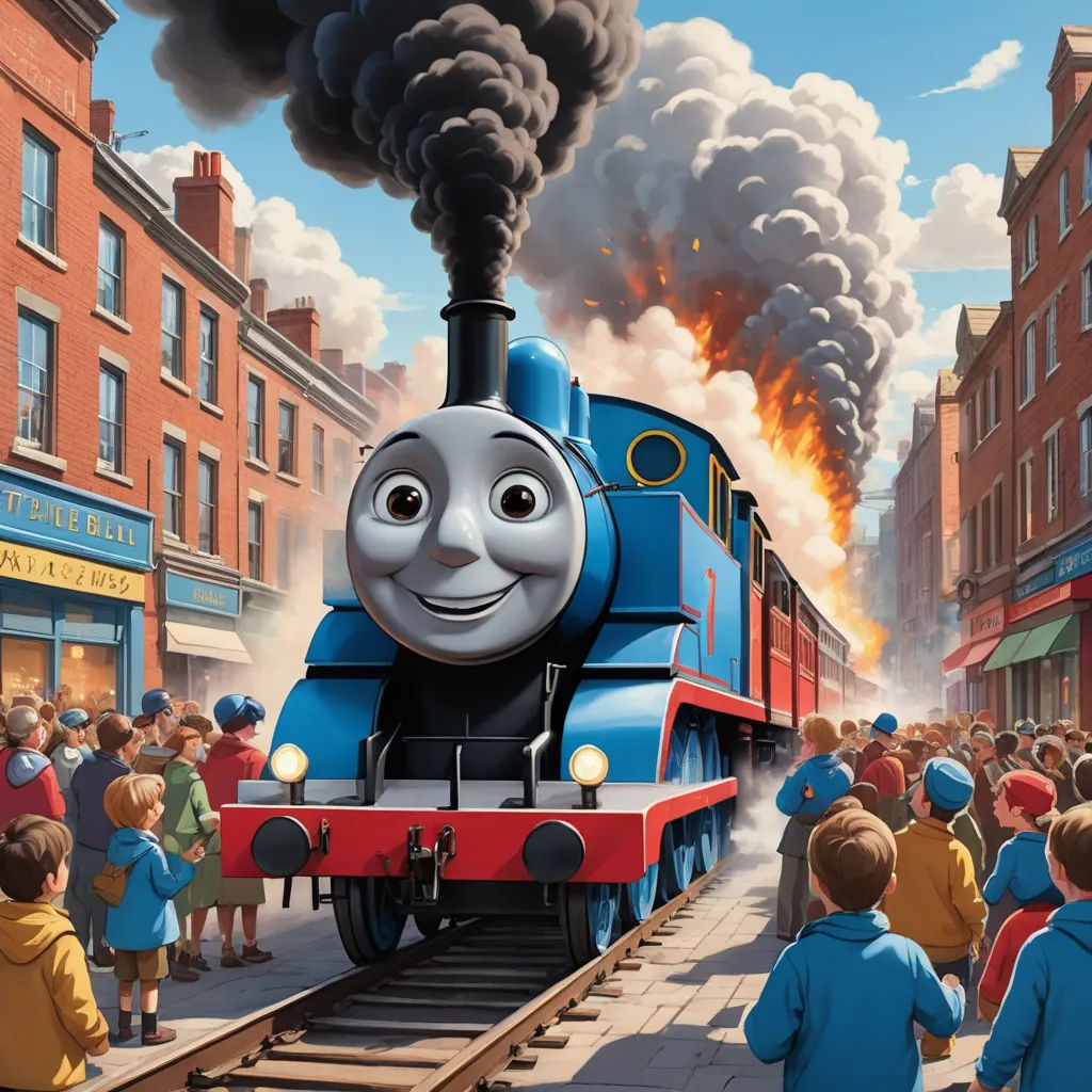 a thomas the train is coming down the tracks with a crowd of people watching it on the side of the road, sots art, concept art, Donald Roller Wilson, official art