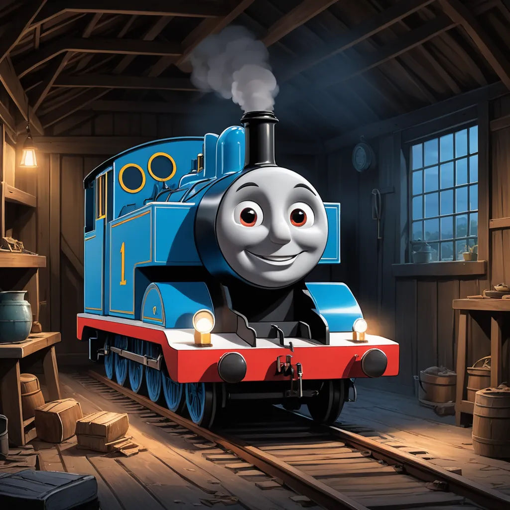 a thomas the train engine is in a train station with a light on it's head and a smoke stack coming out of it, sots art, concept art, Donald Roller Wilson, official art