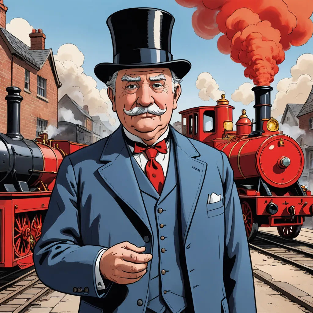 a man in a suit and top hat standing in front of a train with smoke coming out of it, private press, a character portrait, Colin Middleton, official art