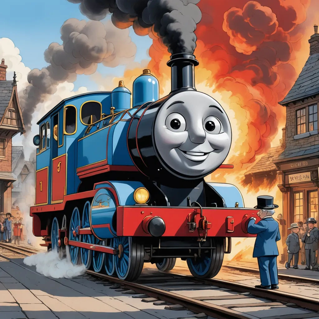 a thomas the train engine with a man standing next to it on a train track with a crowd of people watching, sots art, concept art, Donald Roller Wilson, official art