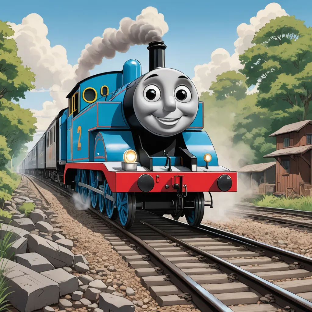 a thomas the train cartoon is on the tracks with smoke coming out of it's mouth and a building in the background, sots art, a digital rendering, Donald Roller Wilson, official art
