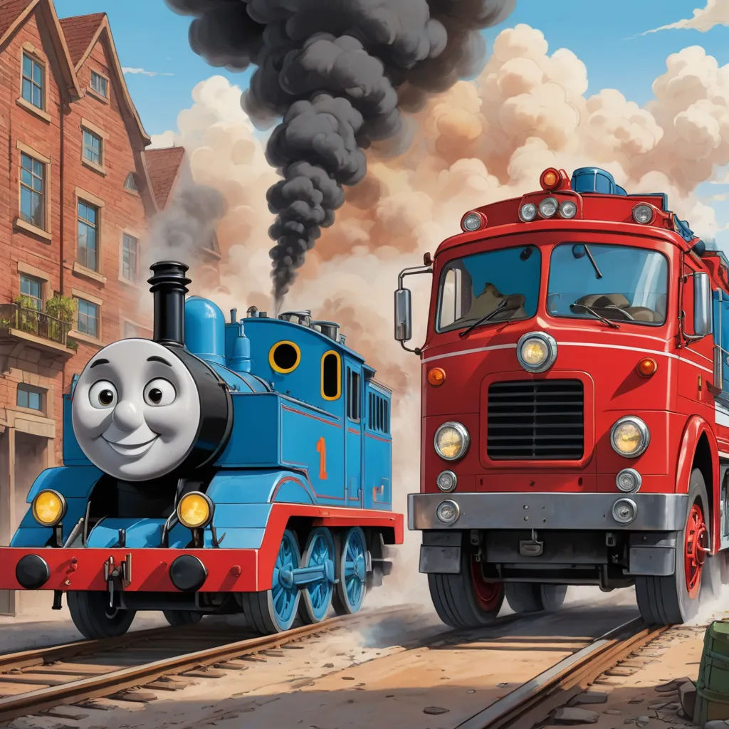 a cartoon train with a thomas the train engine and thomas the tank engine on the tracks with smoke billowing from the engine, sots art, concept art, Donald Roller Wilson, official art
