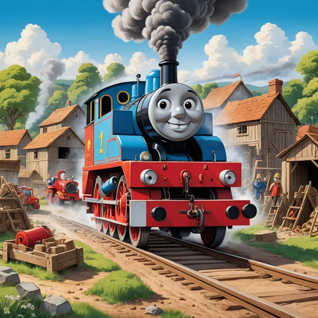 a thomas the train cartoon is coming down the tracks with smoke coming out of it's mouth and a train engine on the track, sots art, concept art, Donald Roller Wilson, official art