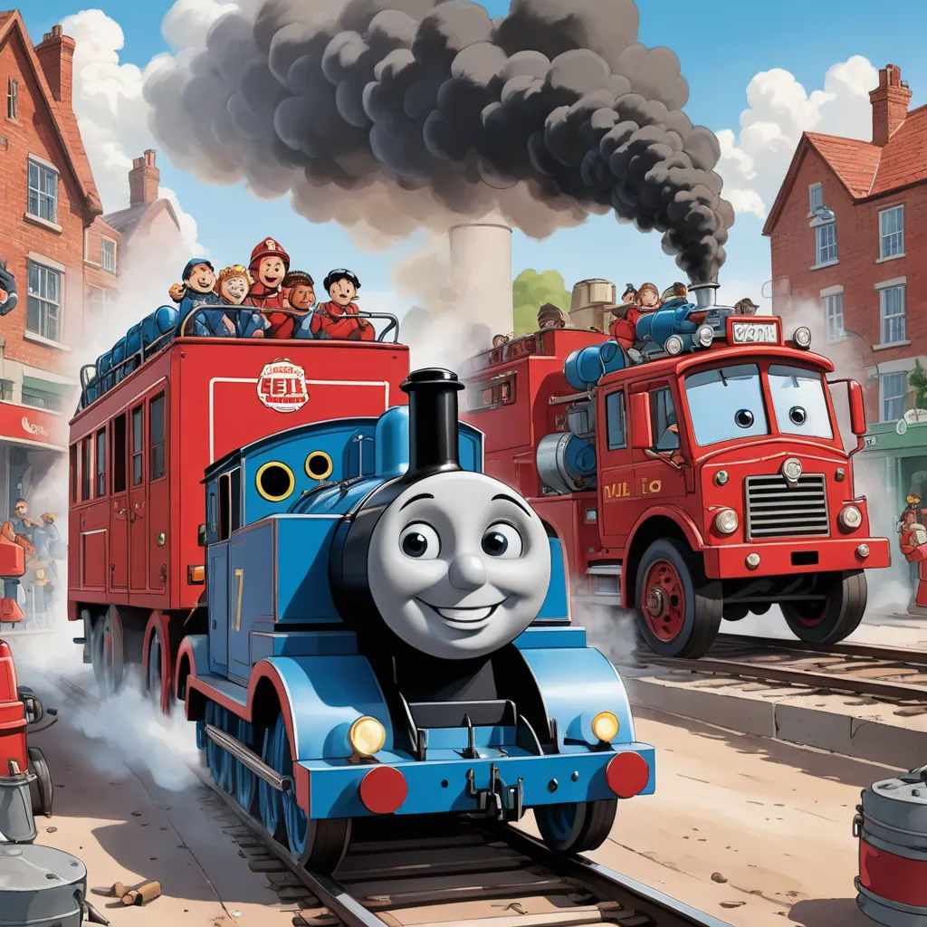 a thomas the train cartoon is on the tracks with other cars and trucks behind it and a train with a group of people riding on it, sots art, concept art, Donald Roller Wilson, official art