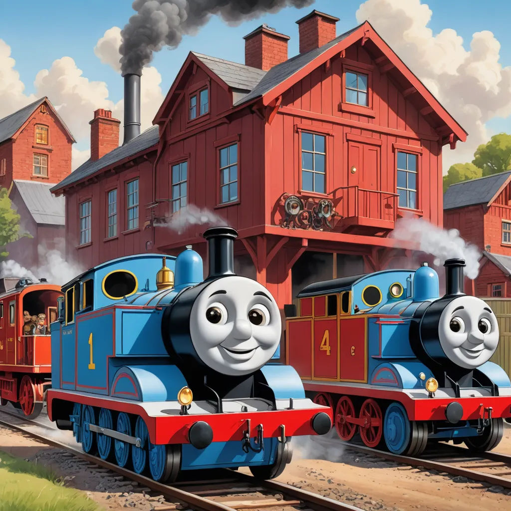 a thomas the train cartoon is on the tracks with a red house in the background and a red building, sots art, concept art, Donald Roller Wilson, official art