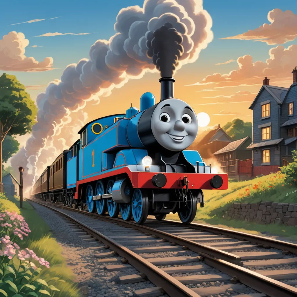 a thomas the train cartoon is on the tracks with a house in the background and a train engine on the tracks, sots art, a digital rendering, Donald Roller Wilson, official art