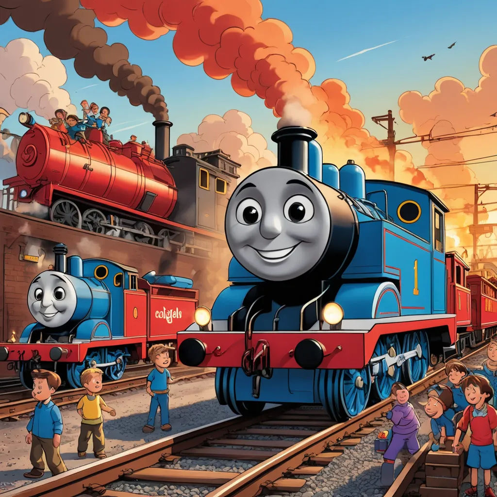 a cartoon train with a group of children standing on the tracks next to it and a train with a smiling face on it, sots art, concept art, Donald Roller Wilson, official art