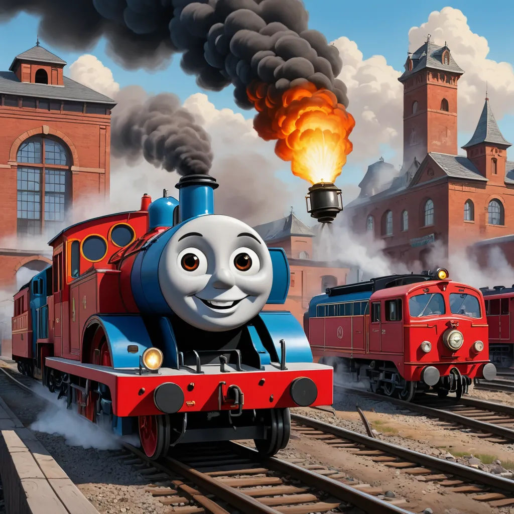a cartoon train with a train engine and a train engine with a light on it, and a train with a light on it, sots art, concept art, David Martin, official art
