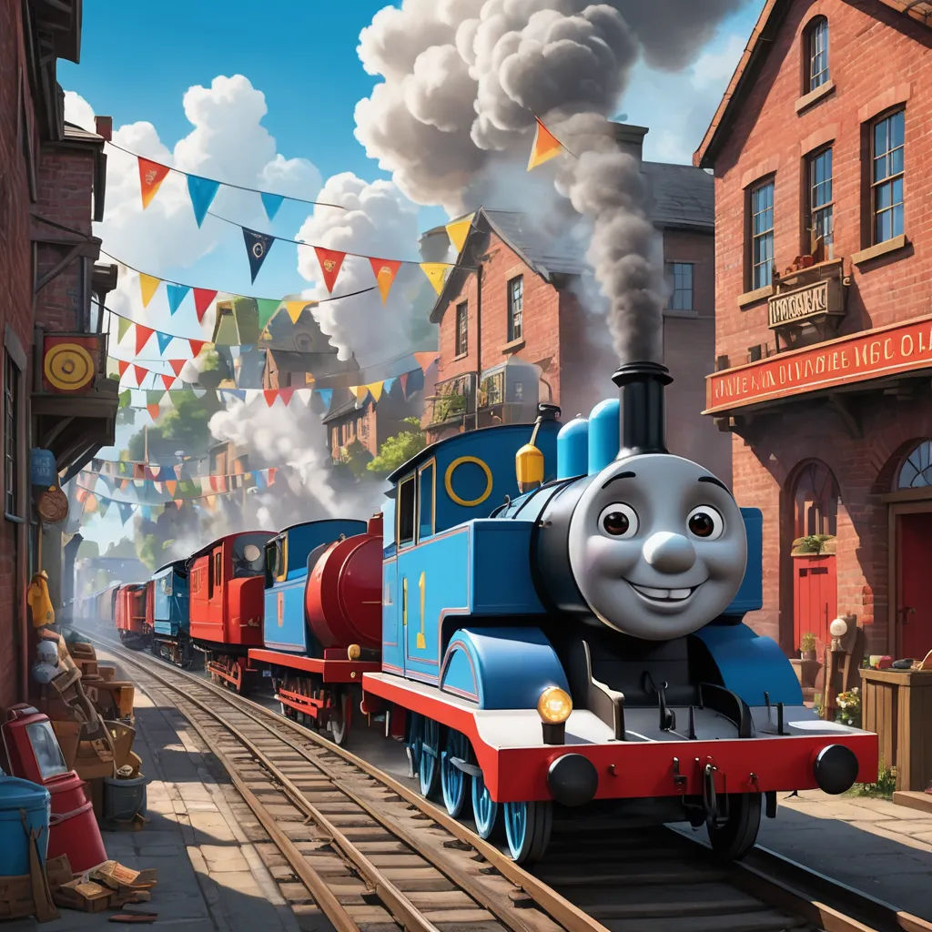 a thomas the train is coming down the tracks in a town with flags and buntings on the buildings, sots art, concept art, Donald Roller Wilson, official art