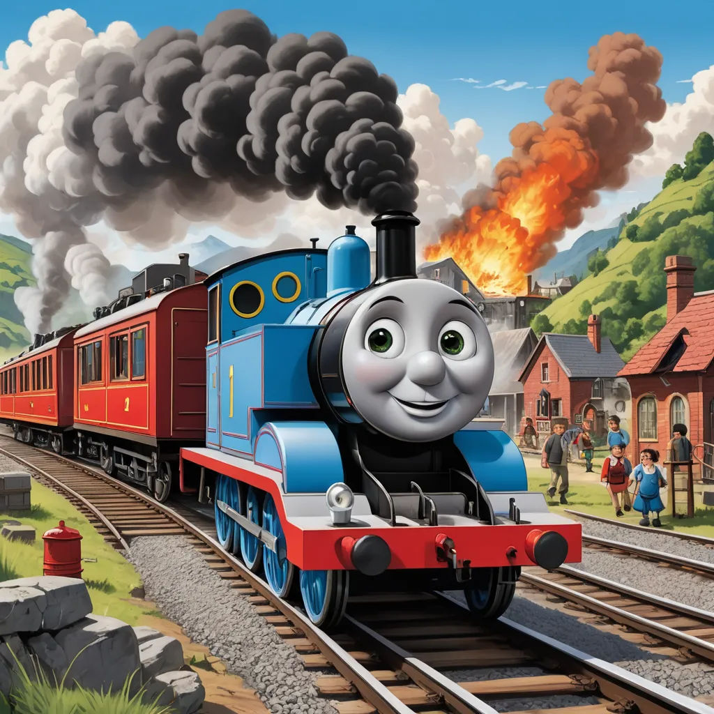 a thomas the train is coming down the tracks with smoke coming out of it's mouth and people walking around, sots art, concept art, Donald Roller Wilson, official art