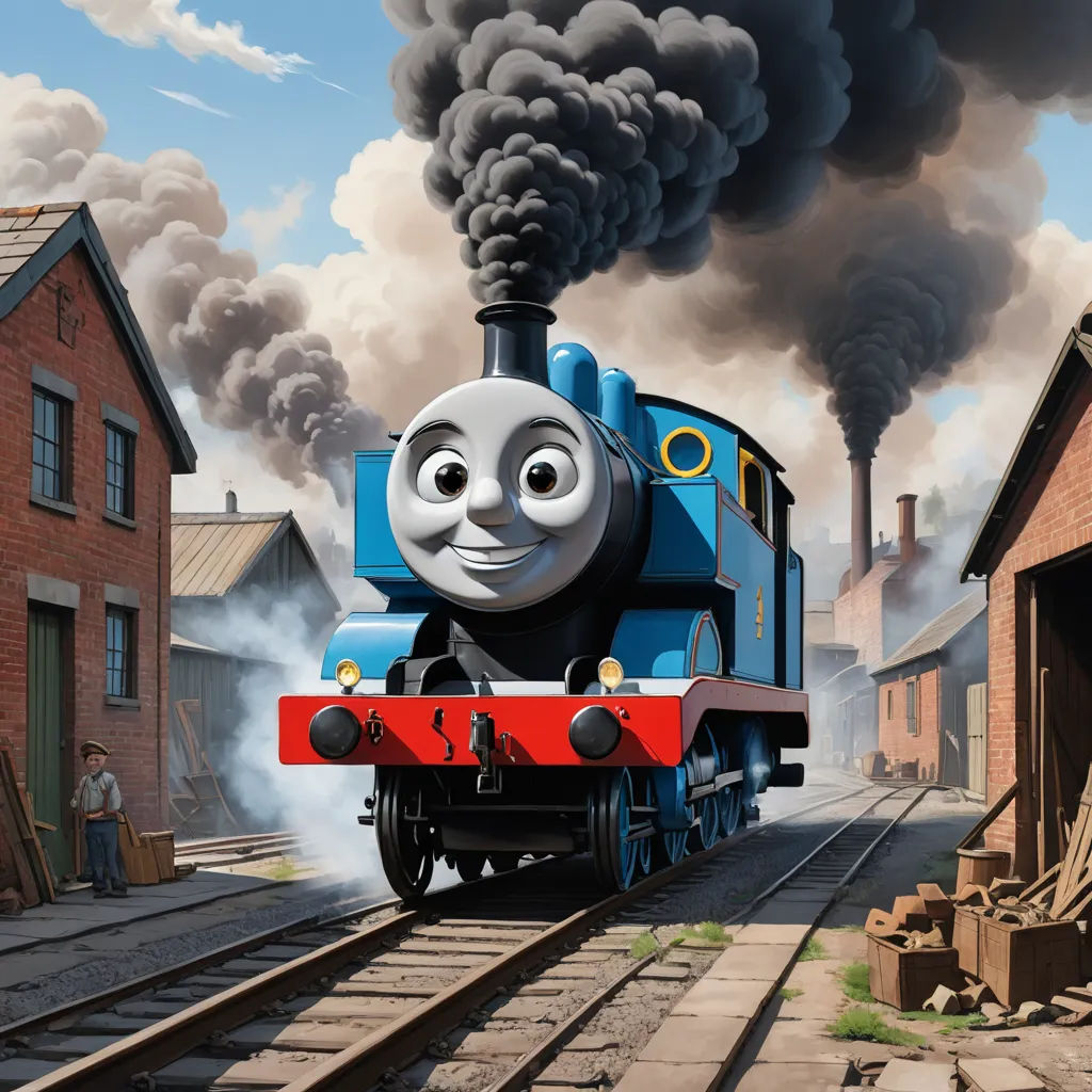 a thomas the train is coming down the tracks with smoke coming out of it's mouth and a man standing on the side of the track, sots art, concept art, Donald Roller Wilson, official art